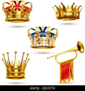 Royal cerimoniale corona d'oro collezione e fanfare heralding tromba realistico immagini impostazione sfondo bianco immagine vettoriale isolata Illustrazione Vettoriale