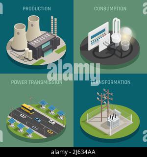 Produzione di energia elettrica che genera trasformazione della trasmissione concetto di sottostazione e consumo 4 icone isometriche quadrate isolato vettore illustrat Illustrazione Vettoriale