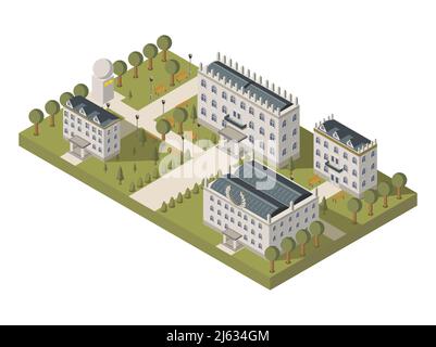 Concetto di università isometrica con edifici universitari prati e vettore di parco illustrazione Illustrazione Vettoriale
