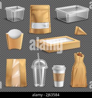 Confezioni fastfood Set realistico con sacchetti di carta da tazza e contenitori immagine vettoriale isolata con sfondo trasparente scuro Illustrazione Vettoriale