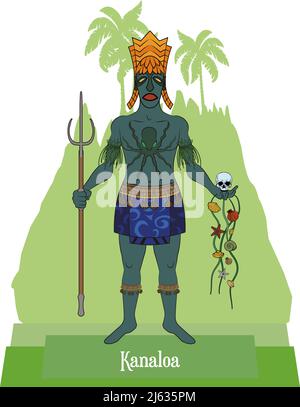 Vettore illustrativo isolato del mitico Dio hawaiano - Polinesiano, Kanaloa, profondo oceano e dio sottomaresco. Illustrazione Vettoriale