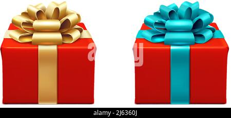set di icone vettoriali realistiche. Due scatole rosse con nastri dorati e blu, isolate su sfondo bianco. Illustrazione Vettoriale