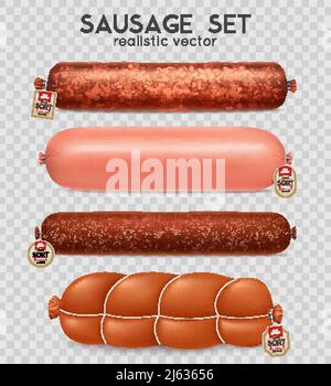 Set realistico di salsiccia trasparente con salsiccia cotta e salame isolato illustrazione vettoriale Illustrazione Vettoriale