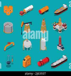 Set isometrico con produzione di petrolio e raffineria, estrazione di gas e condutture su sfondo blu illustrazione vettoriale isolata Illustrazione Vettoriale