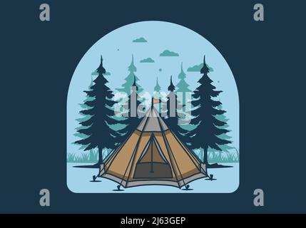 Tenda a cono e disegno di illustrazione di alberi di pino Illustrazione Vettoriale