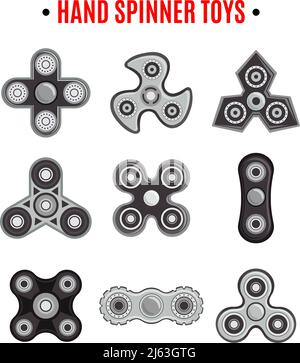 Rotazione fidget mano spinner alleviare lo stress e aumentare la concentrazione giocattoli icone nere raccolta illustrazione vettoriale isolata Illustrazione Vettoriale