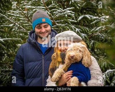 Giovane uomo e donna caucasica, che tiene un cane, in piedi di fronte alberi di Natale coperti di neve in una fattoria albero di Natale North Yorkshire. REGNO UNITO. Foto Stock