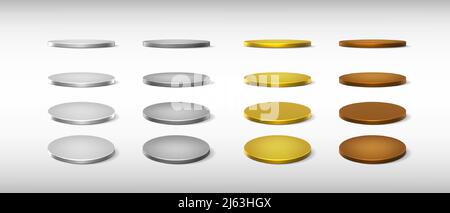 set di icone del vettore realistico. Podi rotondi di palcoscenico in diverse viste, frontale, superiore, laterale. Argento, oro, bronzo. Illustrazione Vettoriale