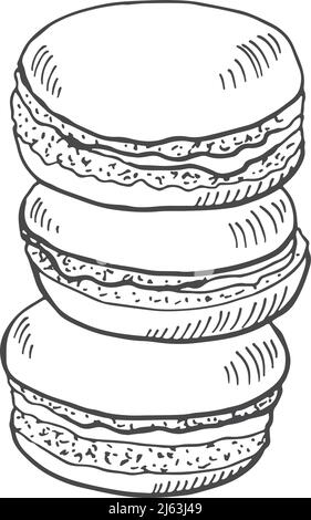 Incisione con macaroni. Biscotti di mandorle francesi macaroon schizzo Illustrazione Vettoriale