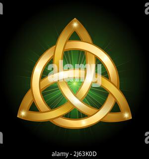 Emblema del Golden Celtic Trinity Knot isolato su sfondo nero. Illustrazione vettoriale. Illustrazione Vettoriale