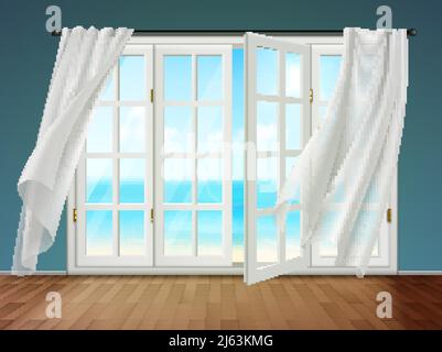 Finestra aperta con tende bianche e vista sul mare immagine vettoriale 3d  su sfondo grigio blu Immagine e Vettoriale - Alamy