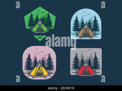 Tenda a cono e disegno di illustrazione di alberi di pino Illustrazione Vettoriale