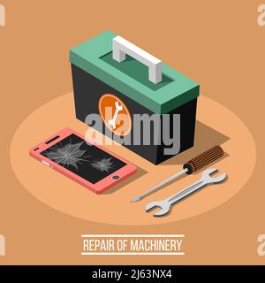 Riparazione di macchinari set di concetto di design isometrico di chiave a cacciavite smartphone mobile con schermo rotto e immagine vettoriale della casella degli strumenti Illustrazione Vettoriale