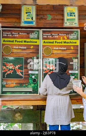 Kuala Lumpur, Malesia - 14 ottobre 2021: Distributore automatico di alimenti per animali che vende pellet di pesce Foto Stock