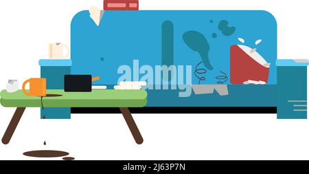 Icona stanza sudicia. Divano rotto con sporcizia e spazzatura Illustrazione Vettoriale