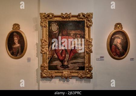 Ritratto iconico di Felipe V, capovolto, in vendetta per aver ordinato il fuoco di Xàtiva nel 1707, Valencia, Comunità Valenciana, Spagna, UE Foto Stock