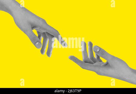 Mano d'aiuto. Sostegno in tempo duro, amicizia, simpatia, concetto di pace su sfondo giallo. Foto di alta qualità Foto Stock