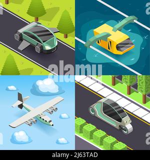 Set di concetto di progettazione 2x2 per il trasporto futuro di volo e terra trasporto scooter e funicolare icone quadrate illustrazione vettoriale isometrica Illustrazione Vettoriale