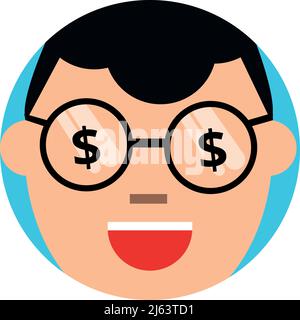 Testa dell'uomo con i dollari negli occhi. Avatar persona avuta Illustrazione Vettoriale