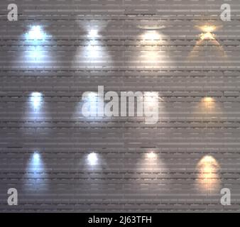 Set di effetti luminosi di colore blu e giallo attivato immagine vettoriale isolata con sfondo in mattoni Illustrazione Vettoriale