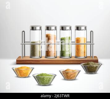 Spezie realistiche in ciotole e vasetti di vetro su scaffale di legno composizione su sfondo bianco illustrazione vettoriale Illustrazione Vettoriale
