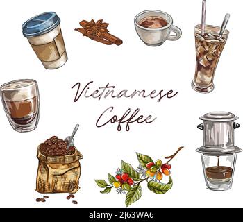 Caffè freddo, caffè con latte, espresso, tazze di caffè, chicchi di caffè, Gocciolamento, illustrazione di caffè vietnamita, capefin Illustrazione Vettoriale