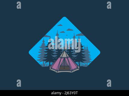Tenda a cono e disegno di illustrazione di alberi di pino Illustrazione Vettoriale