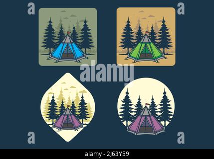 Tenda a cono e disegno di illustrazione di alberi di pino Illustrazione Vettoriale