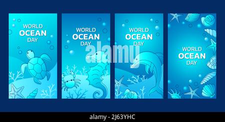 Collezione di banner del World Ocean Day con cavallucci marini, tartarughe, delfini e conchiglie marine. Illustrazione vettoriale. Illustrazione Vettoriale