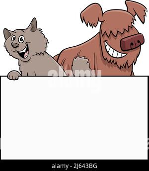 Illustrazione cartoon di gatto e cane con scheda vuota o disegno grafico modello scheda Illustrazione Vettoriale