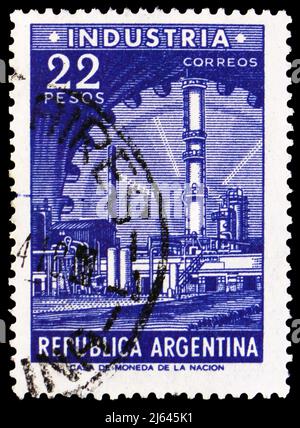 MOSCA, RUSSIA - 27 MARZO 2022: Francobollo stampato in Argentina mostra industria, personalità e Paesaggi serie, circa 1964 Foto Stock