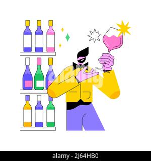 Sommelier concetto astratto illustrazione vettoriale. Enoteca, esperto del ristorante, servizio enologico, menu gastronomico, certificazione, gilda internazionale, bottiglia di vetro, che serve drink metafora astratta. Illustrazione Vettoriale