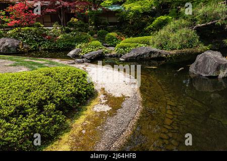 Kyoto Prefectural Guest House Garden - questo piccolo giardino è centrale intorno ad un laghetto carpe con una teahouse che si affaccia su una collina sullo sfondo. Là Foto Stock