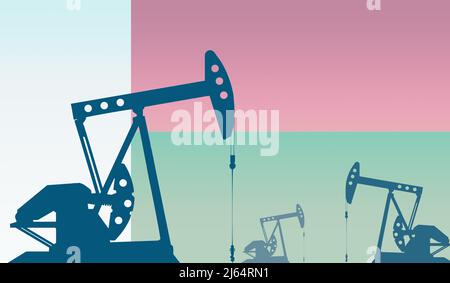 Silhouette della pompa dell'olio contro la bandiera del Madagascar. Petrolio greggio di grado di estrazione e gas. Concetto di giacimenti petroliferi e società petrolifere, mercato degli idrocarburi Foto Stock