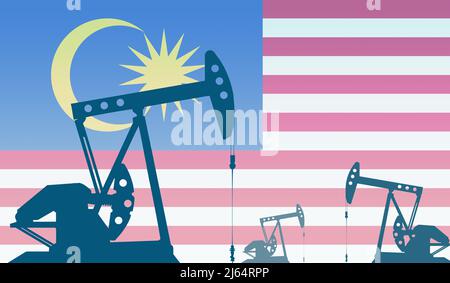 Silhouette della pompa dell'olio contro la bandiera della Malesia. Petrolio greggio e gas di grado di estrazione. Concetto di giacimenti petroliferi e società petrolifere, mercato degli idrocarburi, Foto Stock