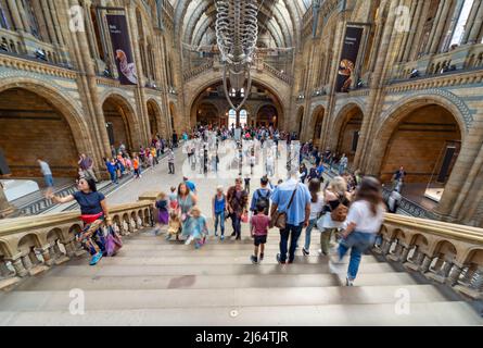 Londra,Inghilterra,UK-Agosto 21 2019: I visitatori, in una sfocatura di movimento, si arrampicano sulla sfarzosa scala all'estremità di Hintz Hall, l'ingresso al bo principale Foto Stock