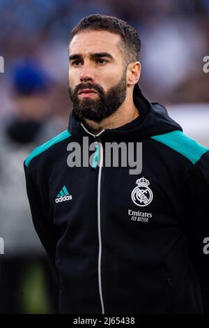 MANCHESTER, INGHILTERRA - APRILE 26: Dani Carvajal durante la semifinale della UEFA Champions League 1 tappa tra Manchester City e Real Madrid al City of Manchester Stadium il 26 aprile 2022 a Manchester, Regno Unito. (Foto di SF) Credit: Sebo47/Alamy Live News Foto Stock