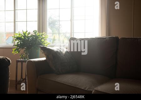 Primo piano del lettino vuoto. Finestra luminosa con luce solare. Foto Stock