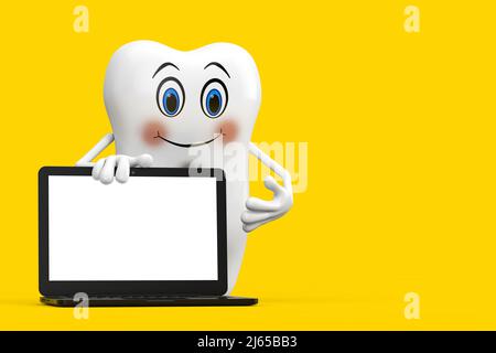 Mascotte personaggio bianco con moderno notebook e schermo vuoto per il tuo design su sfondo giallo. 3D rendering Foto Stock