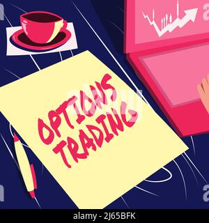 Didascalia di testo Presentazione Opzioni Trading. Parola per le opzioni differenti per fare i beni o i servizi sparsi universalmente laptop che riposa accanto a tazza di caffè e. Foto Stock