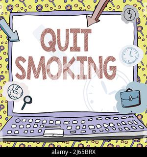 Testo della scrittura Esci dal fumo. Internet Concept interruzione o interruzione dell'uso della dipendenza da tabacco Poster decorato con simboli monetari Foto Stock