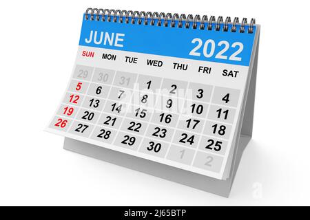 Calendario di giugno 2022 su sfondo bianco. 3D rendering Foto Stock