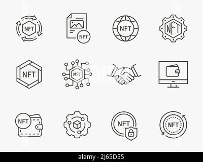 Set di icone vettoriali NFT. Raccolta di blockchain, cripto, valuta, moneta e altro ancora. Illustrazione Vettoriale