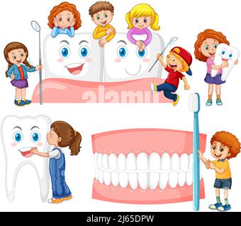 Set di bambini felici con attrezzatura per la pulizia dentale su sfondo bianco Illustrazione Vettoriale