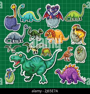 Set di adesivi di diversi personaggi cartoni animati dinosauri Illustrazione Vettoriale