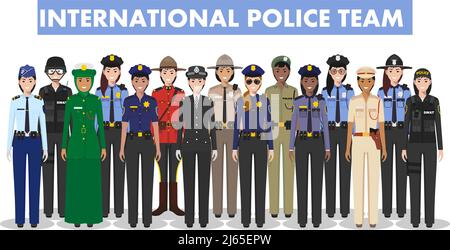 Team di polizia internazionale. Illustrazione dettagliata di diversi paesi della polizia in stile piatto su sfondo bianco. Illustrazione Vettoriale