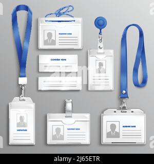 Badge in plastica trasparente per carte d'identità con collo blu lantoni e clip retraibile a bobina immagine vettoriale realistica Illustrazione Vettoriale