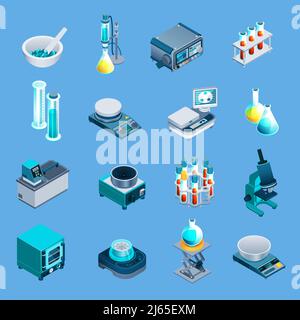 Attrezzature da laboratorio, tra cui becher, bilance, bruciatore, dispositivi scientifici icone isometriche isolate su sfondo blu illustrazione vettoriale Illustrazione Vettoriale