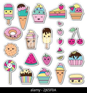 Set di kawaii cartoon stile doodle sudety personaggi. Collezione di emoticon viso icone negozio di caramelle. Illustrazione colorata disegnata a mano isolata su bianco Illustrazione Vettoriale