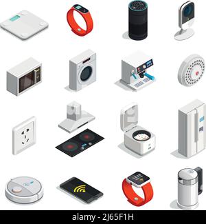 Internet of Things insieme di icone isometriche con connessione wireless, dispositivo mobile, elettrodomestici illustrazione vettoriale isolata Illustrazione Vettoriale